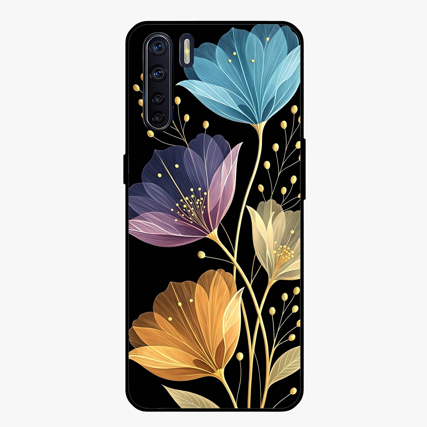 Delicate Multicolor Flowers Glass Case showing flat back view with vibrant floral artwork and glossy glass finish.