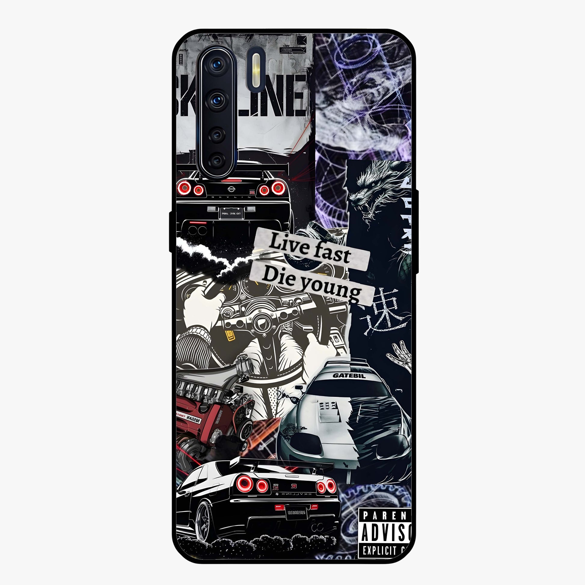 Die Young Glass Case showing flat back view with bold artistic typography design and glossy glass finish.