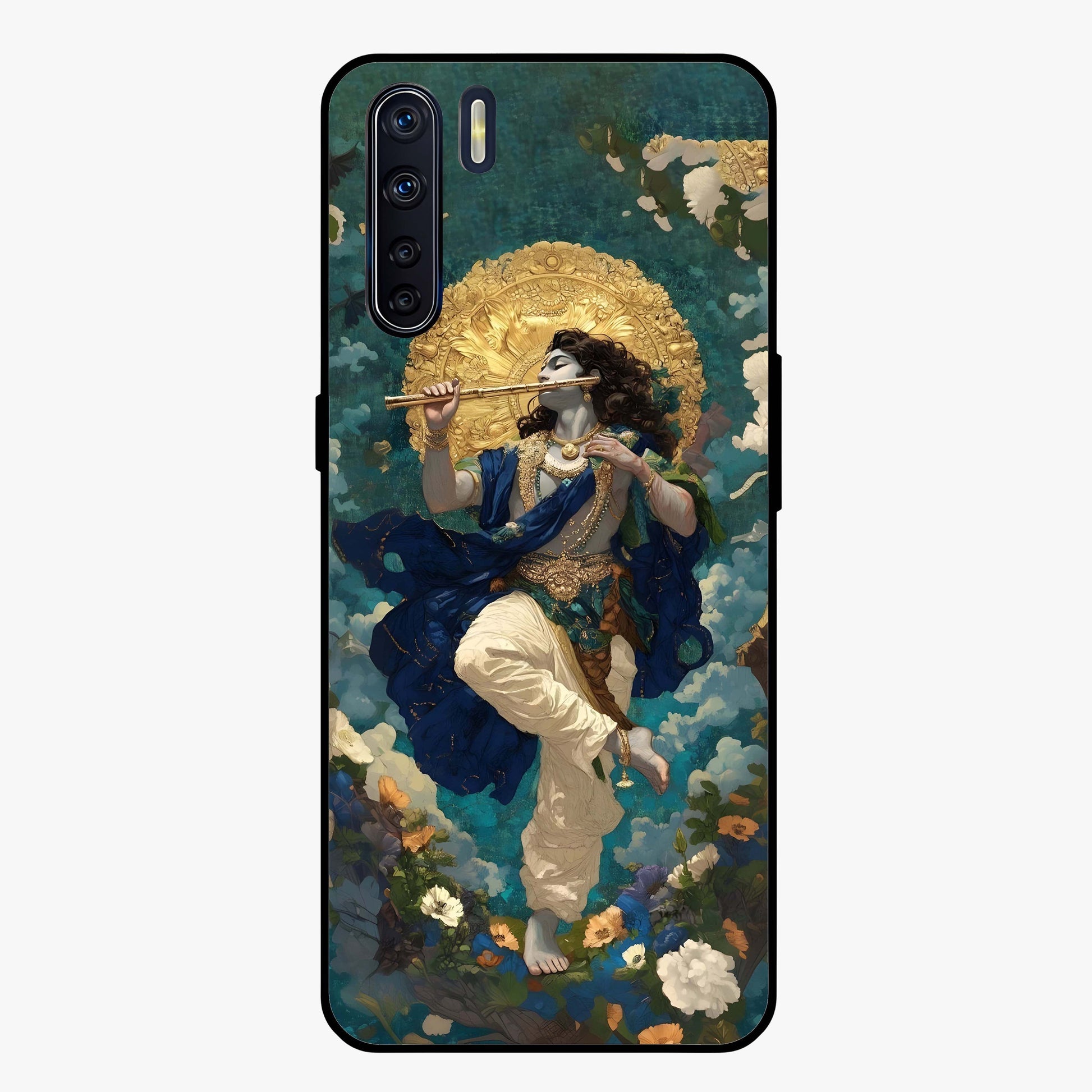 Divine Krishna Art Glass Case showing flat back view with Lord Krishna artwork and glossy glass finish.