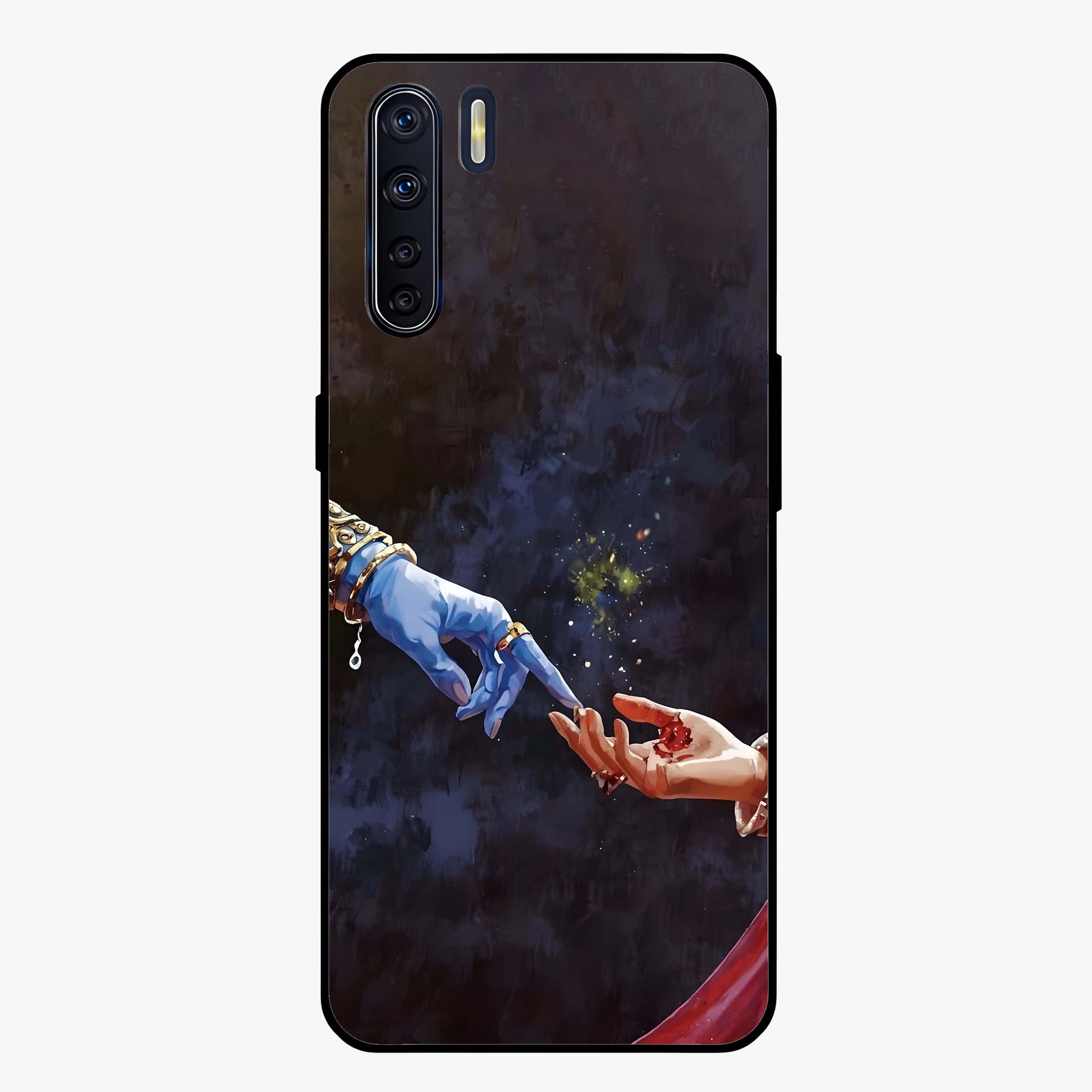 Divine Touch Eternal Glass Case showing flat back view with spiritual themed artwork and glossy glass finish.