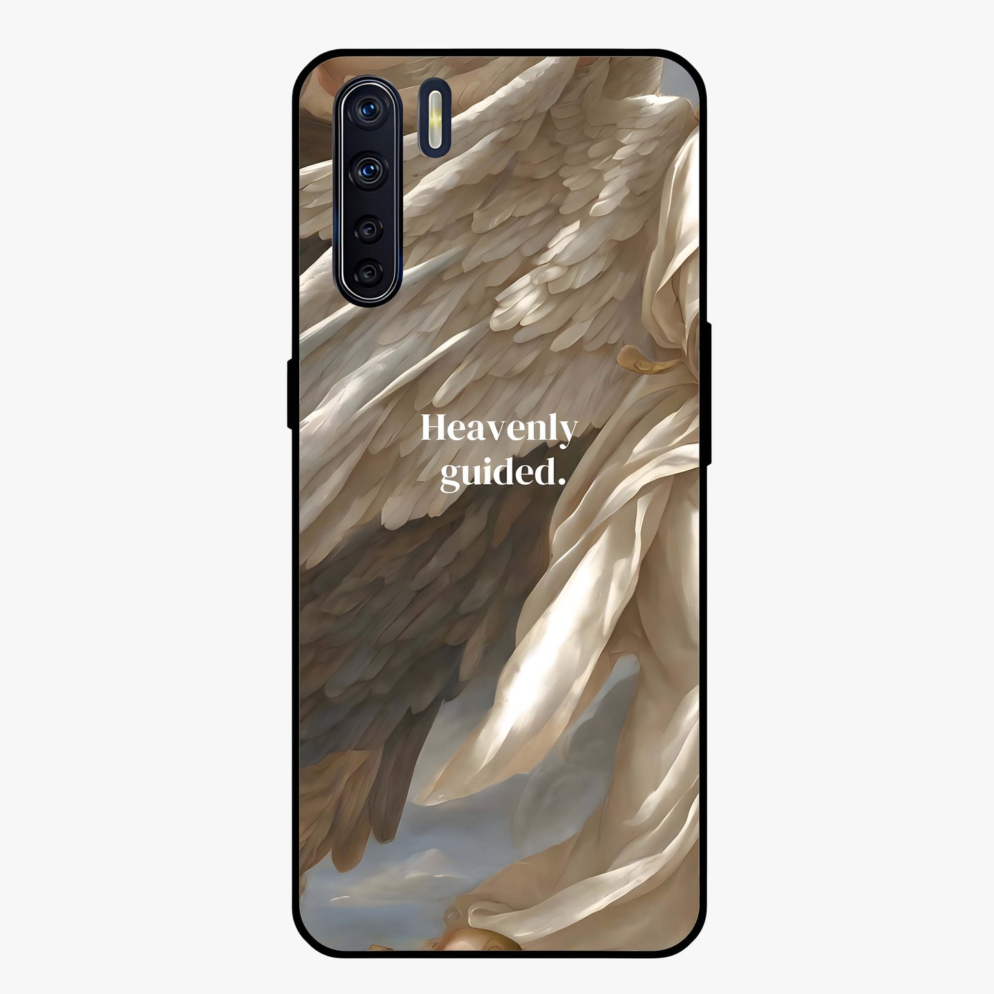 Divine Winged Grace Glass Case showing flat back view with elegant wing inspired artwork and glossy glass finish.