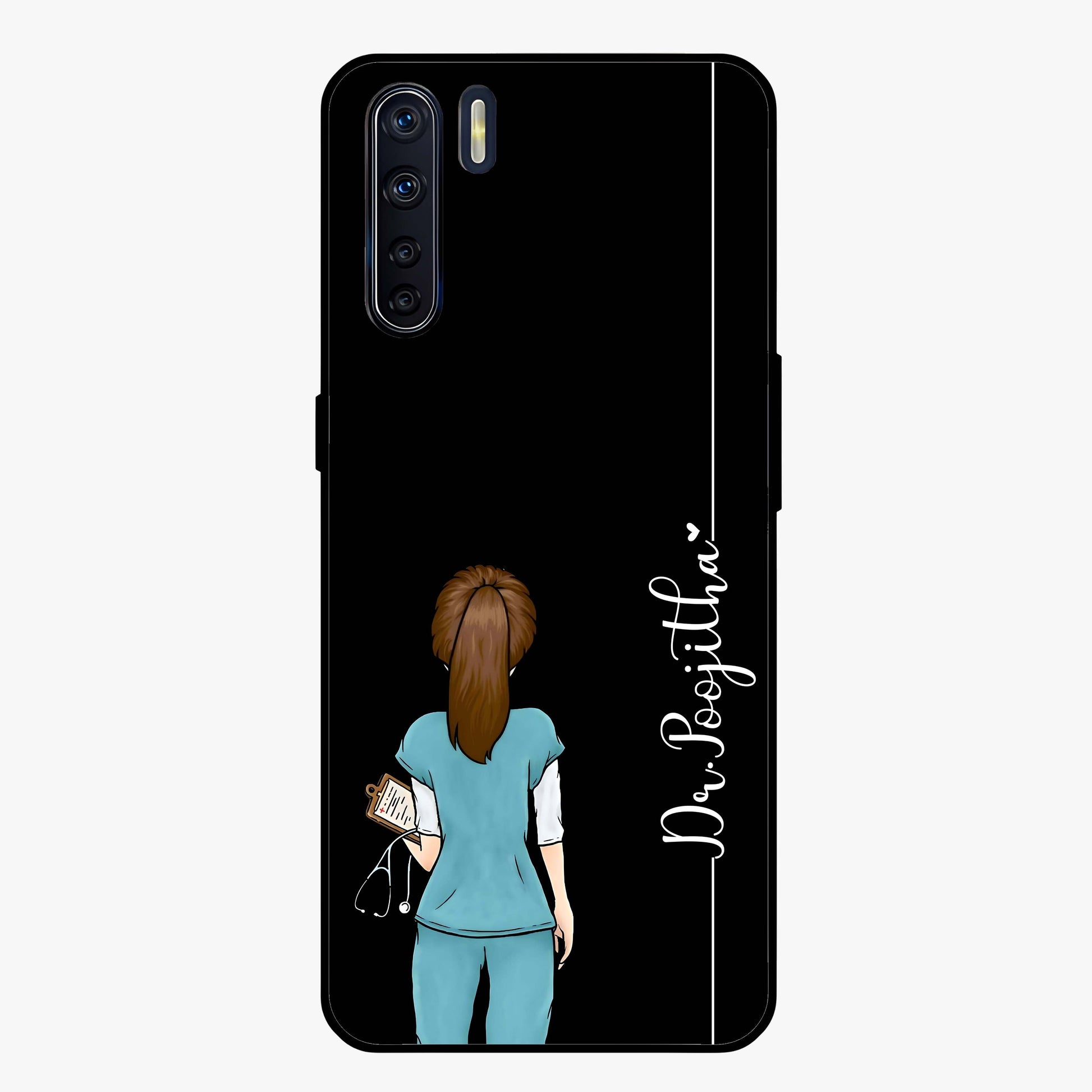Doctor Pattern Custom Name Glass Case showing flat back view with medical themed pattern and personalized name design.