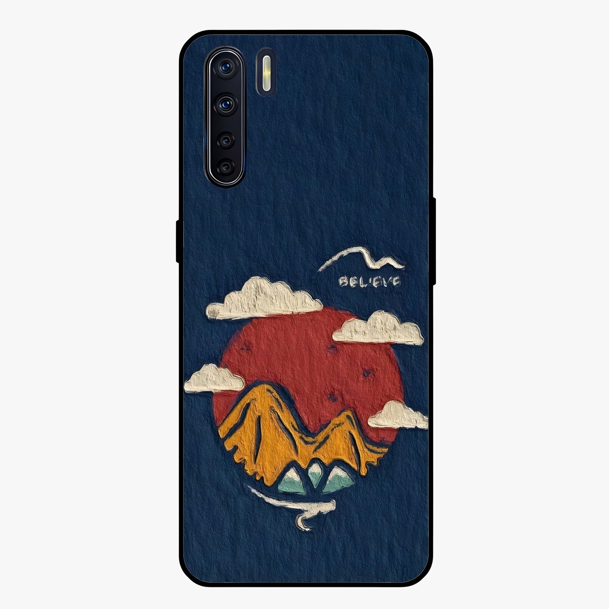 Dream Beyond Mountains Glass Case showing flat back view with scenic mountain landscape artwork and glossy glass finish.