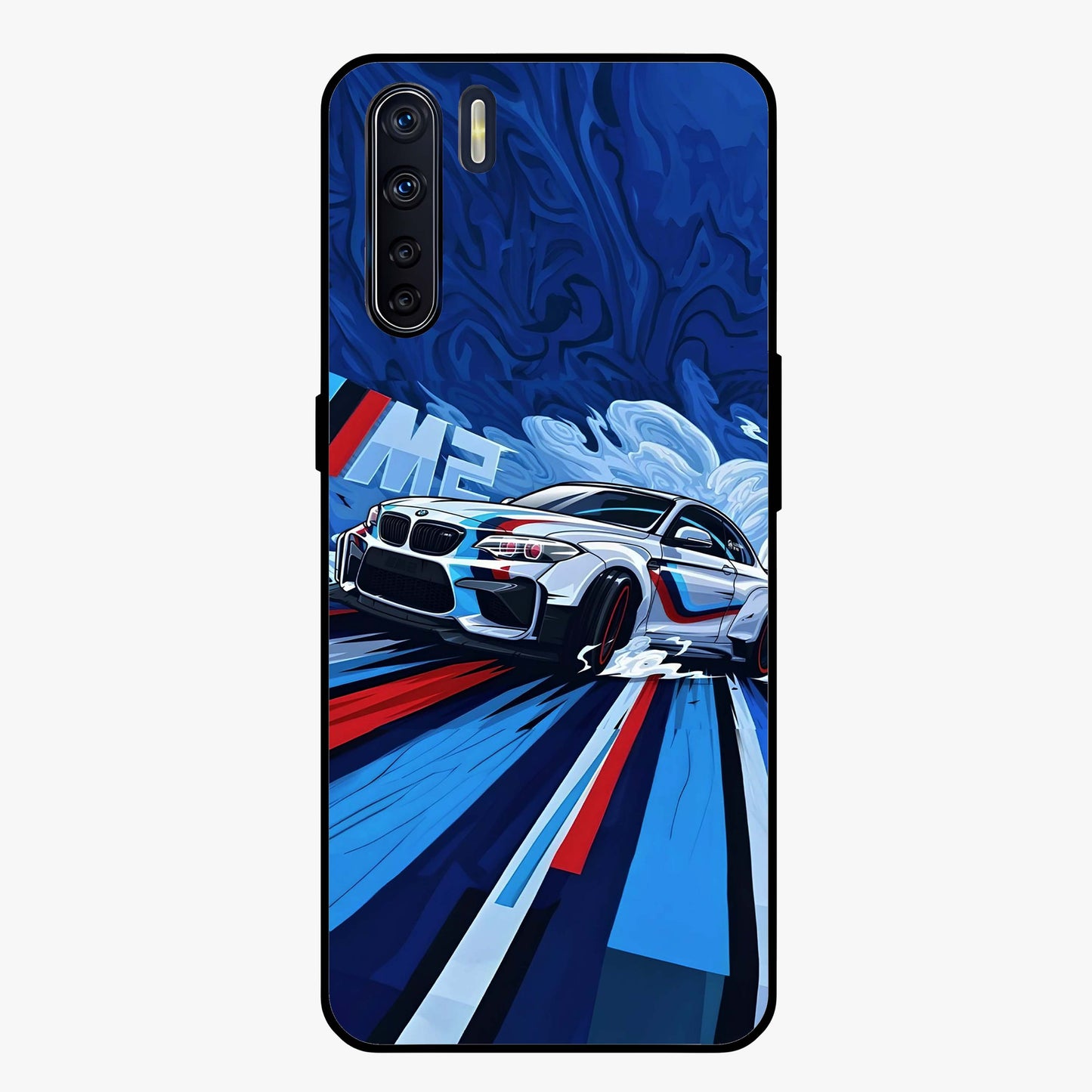 Drift Power Rush Glass Case showing flat back view with dynamic racing inspired artwork and glossy glass finish.