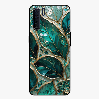 Emerald Leaf Glass Glass Case showing flat back view with emerald green leaf artwork and glossy glass finish.