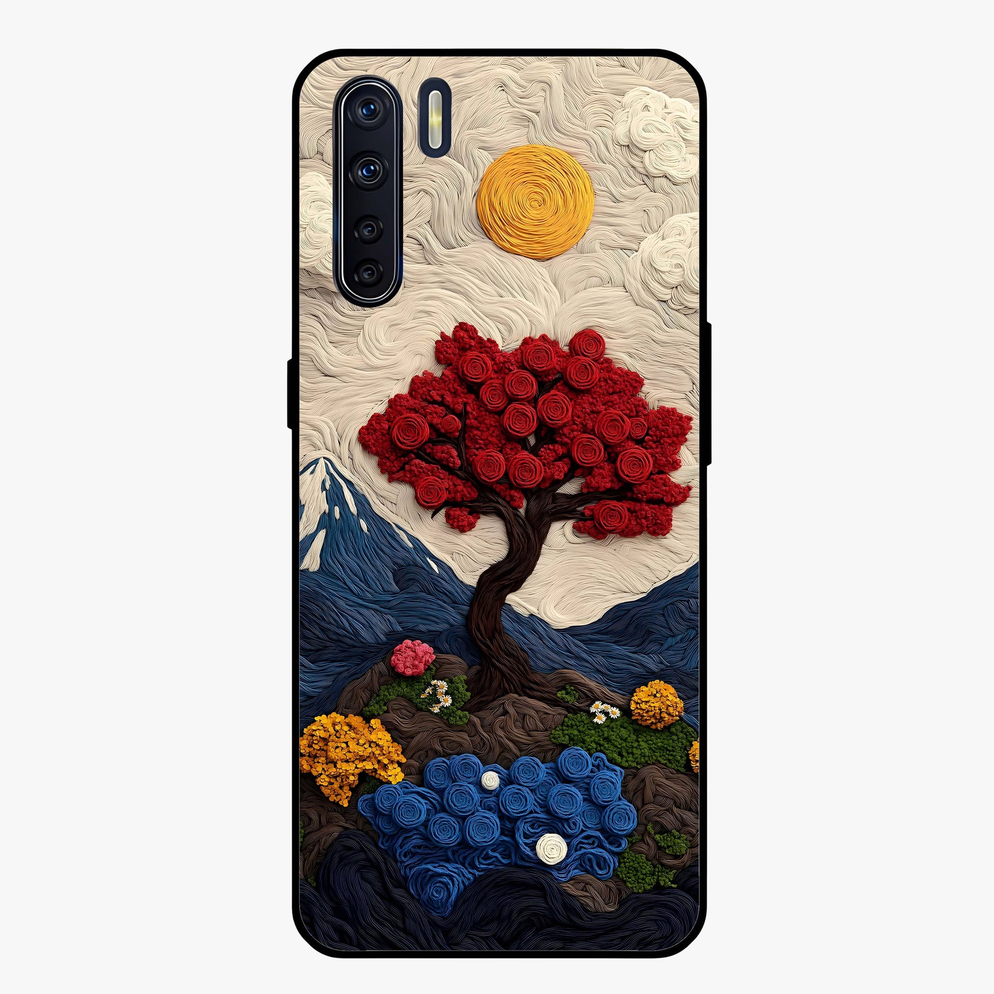 Eternal Nature Tapestry Glass Case showing flat back view with intricate nature tapestry artwork and glossy glass finish.