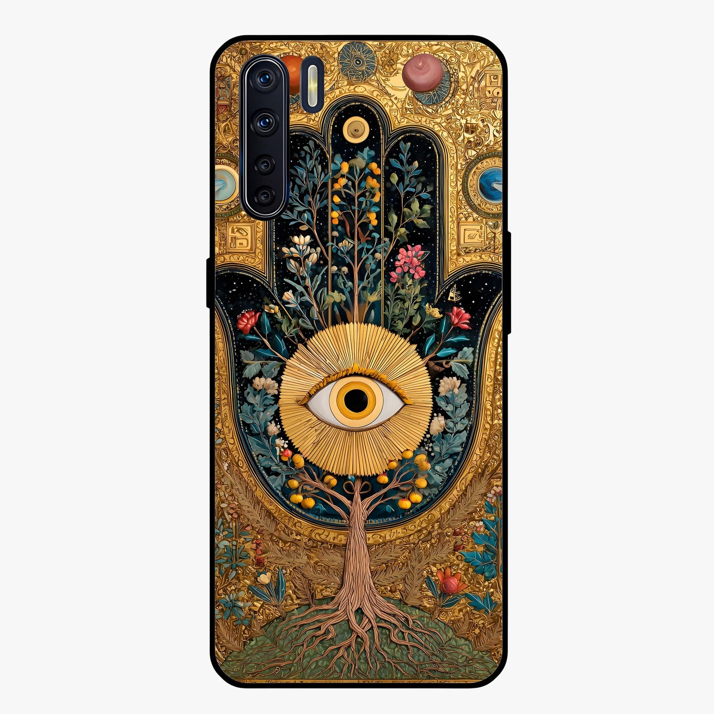 Ethereal Evil Eye Glass Case showing flat back view with mystical evil eye artwork and glossy glass finish.