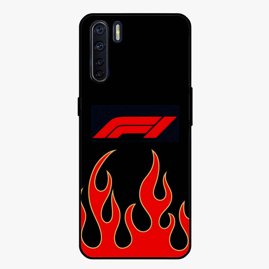 Fire F11 Glass Case showing flat back view with fiery themed artwork and glossy glass finish.