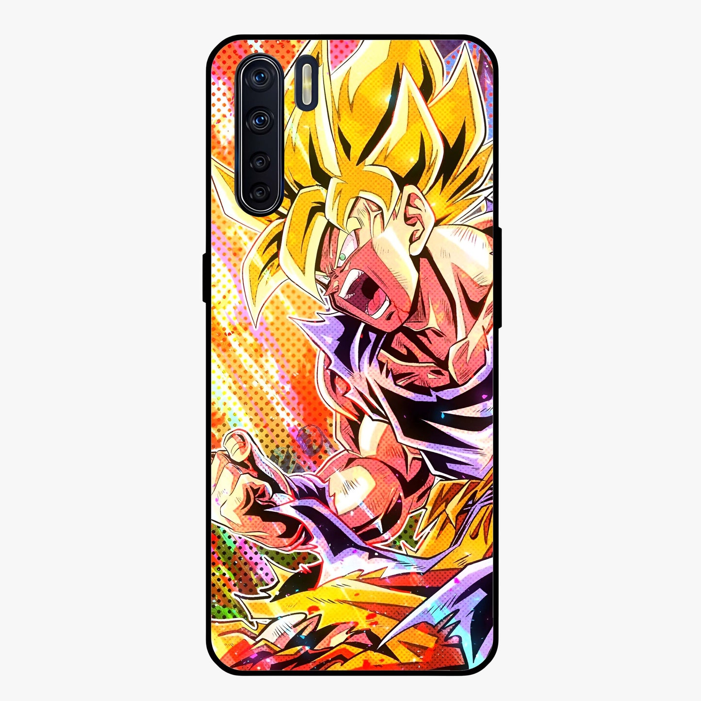 Firing Goku Glass Case showing flat back view with powerful anime inspired artwork and glossy glass finish.