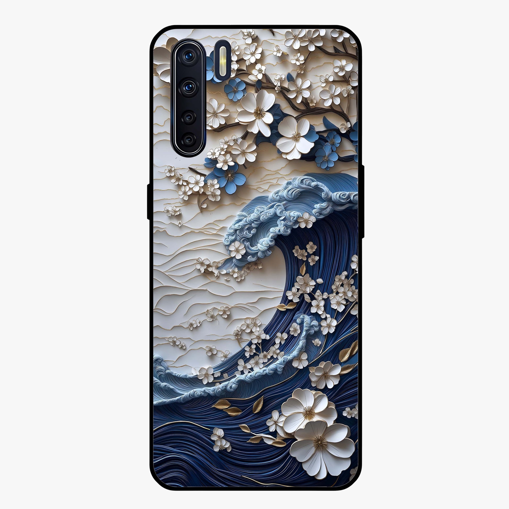Floral Wave Origami Glass Case showing flat back view with origami inspired floral wave artwork and glossy glass finish.