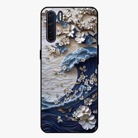 Floral Wave Origami Glass Case showing flat back view with origami inspired floral wave artwork and glossy glass finish.