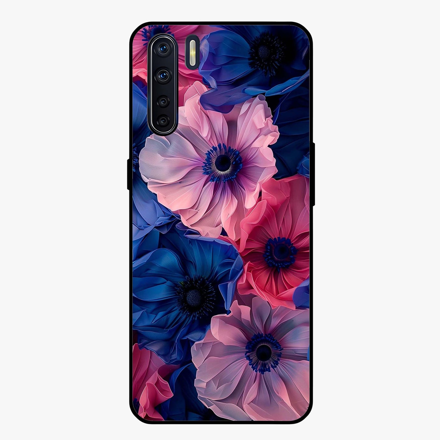 Flower Paper Art Pattern Glass Case showing flat back view with paper cut style floral artwork and glossy glass finish.