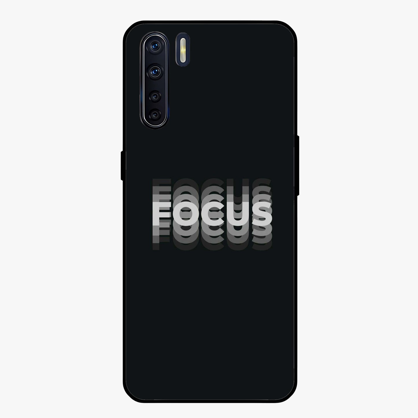 Focus Mode On Glass Case showing flat back view with bold motivational typography design and glossy glass finish.