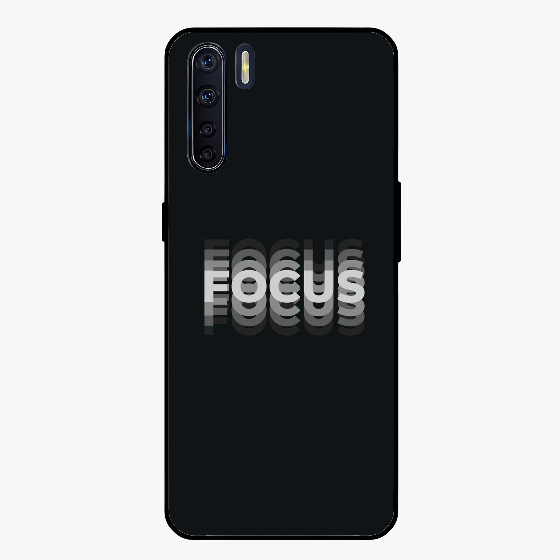 Focus Mode On Glass Case showing flat back view with bold motivational typography design and glossy glass finish.