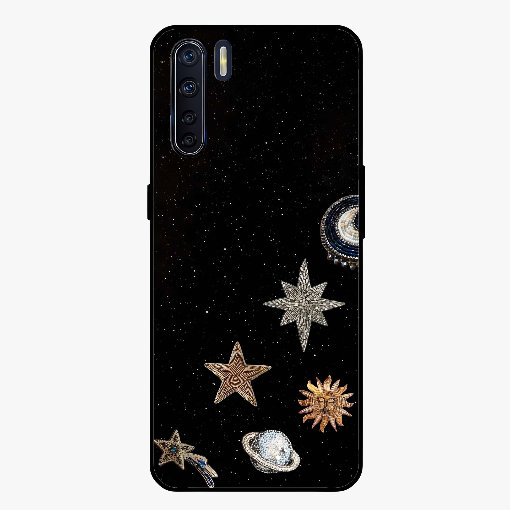 Galactic Charm Glow Glass Case showing flat back view with glowing celestial charm artwork and glossy glass finish.