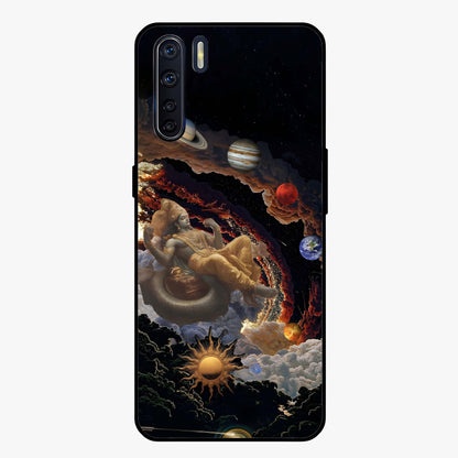 Galactic Divine God Glass Case showing flat back view with divine cosmic themed artwork and glossy glass finish.