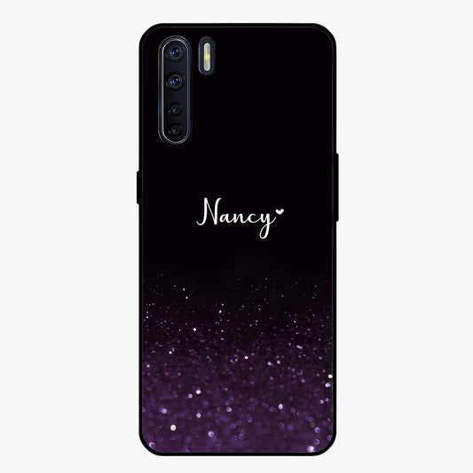 Glittery Purple Bokeh Custom Name Glass Case showing flat back view with purple bokeh sparkle artwork and personalized name design.