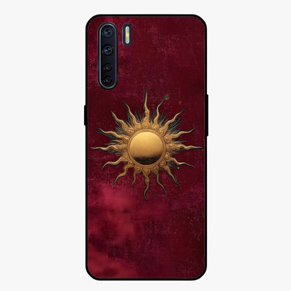 Gold Sun Blush Glass Case showing flat back view with golden sun inspired artwork and glossy glass finish.