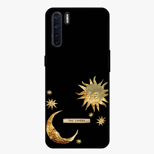 Golden Celestial Charm Glass Case showing flat back view with golden celestial charm artwork and glossy glass finish.