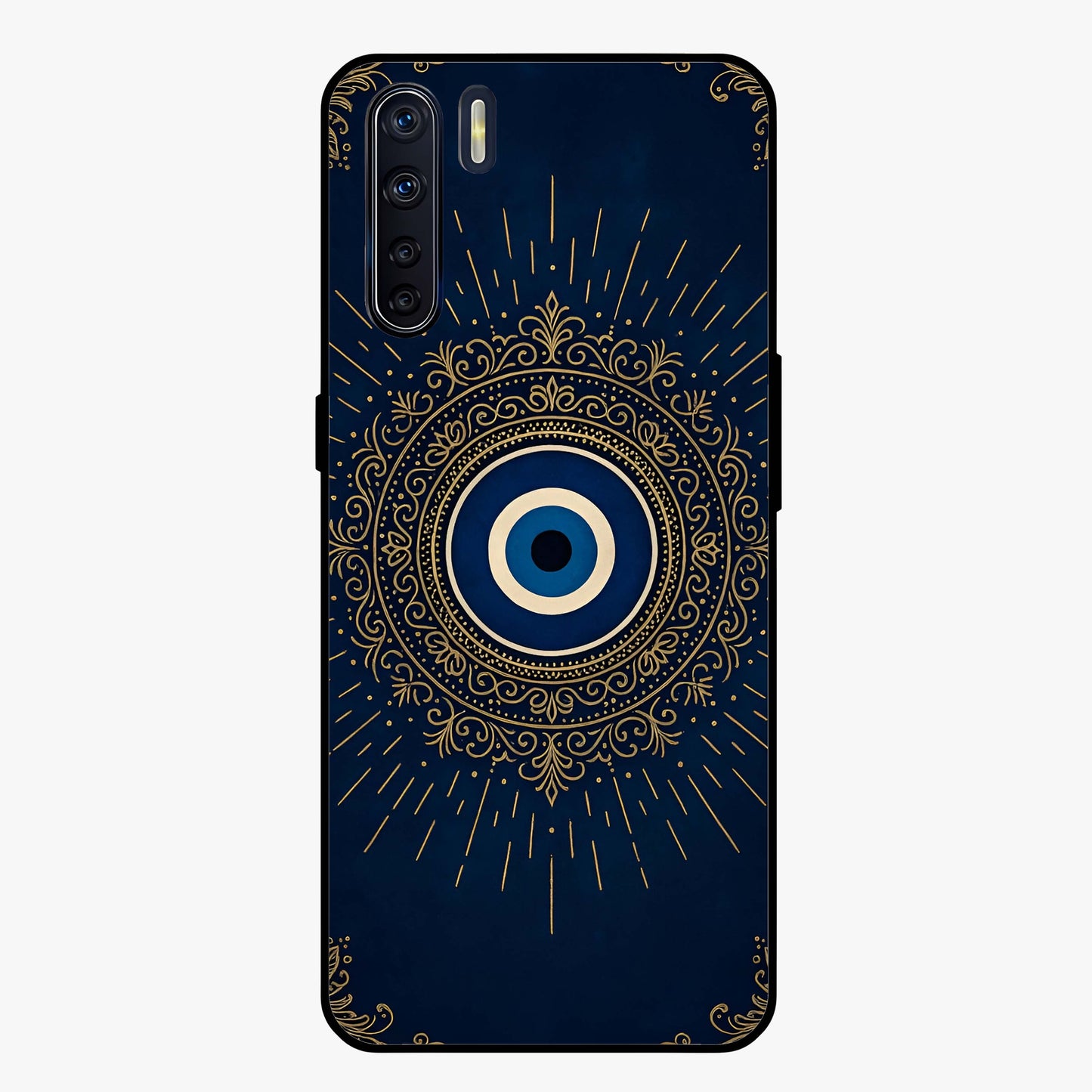 Golden Evil Eye Mandala Glass Case showing flat back view with intricate evil eye mandala artwork and glossy glass finish.