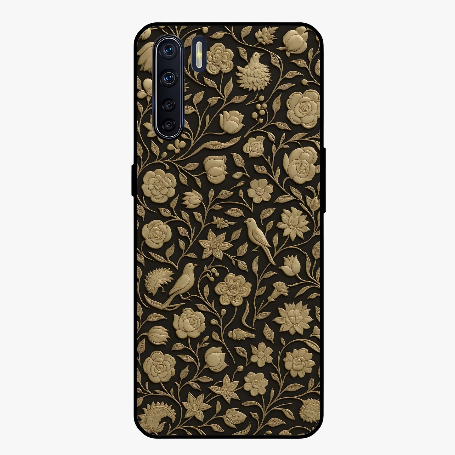 Golden Floral Majesty Glass Case showing flat back view with luxurious golden floral artwork and glossy glass finish.