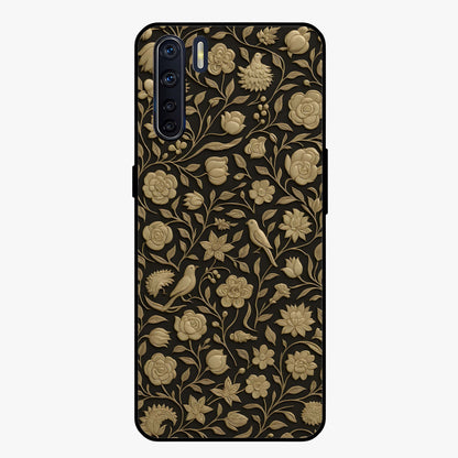 Golden Floral Majesty Glass Case showing flat back view with luxurious golden floral artwork and glossy glass finish.
