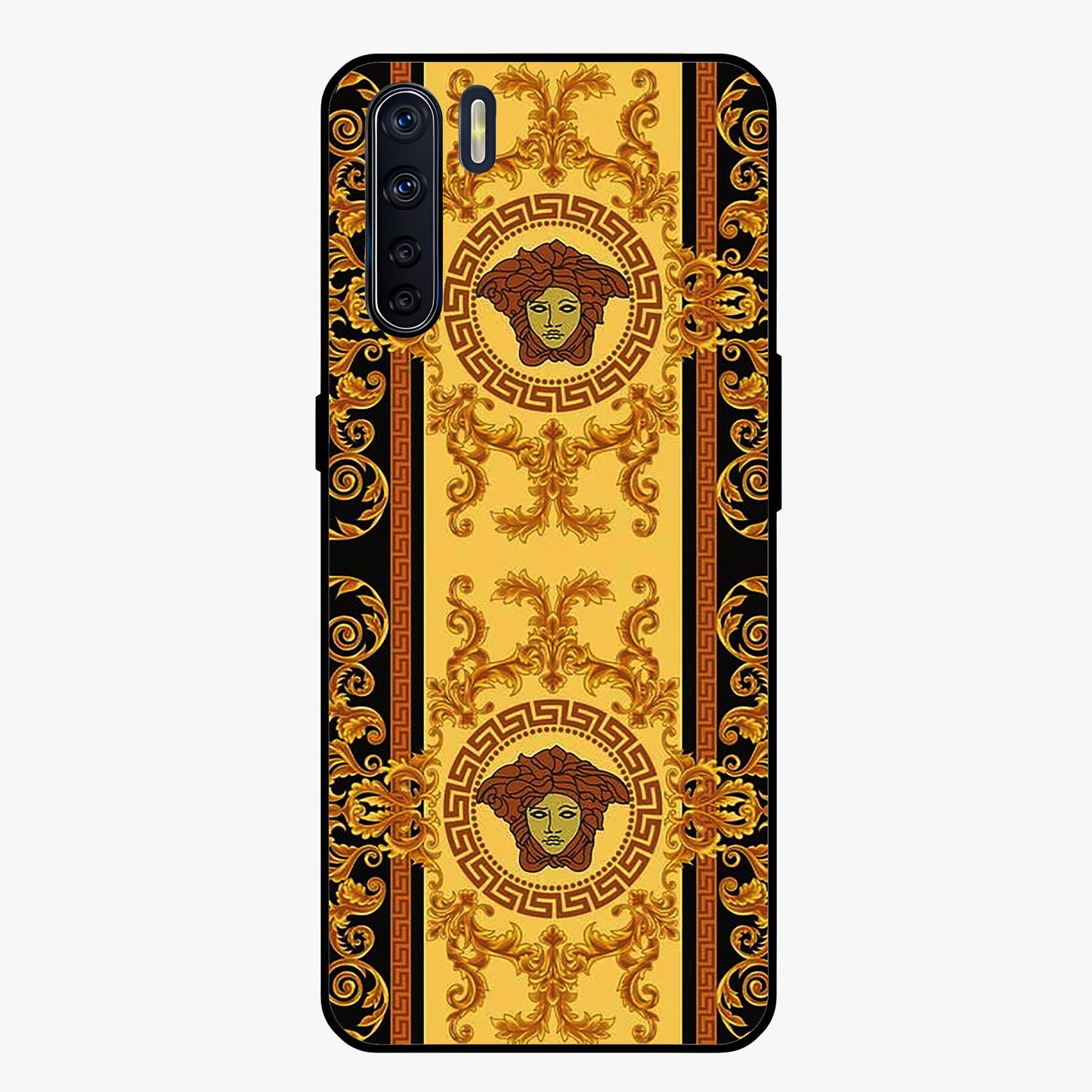 Golden Royal Heritage Glass Case showing flat back view with ornate royal pattern artwork and glossy glass finish.