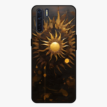 Golden Sun Majesty Glass Case showing flat back view with radiant golden sun artwork and glossy glass finish.
