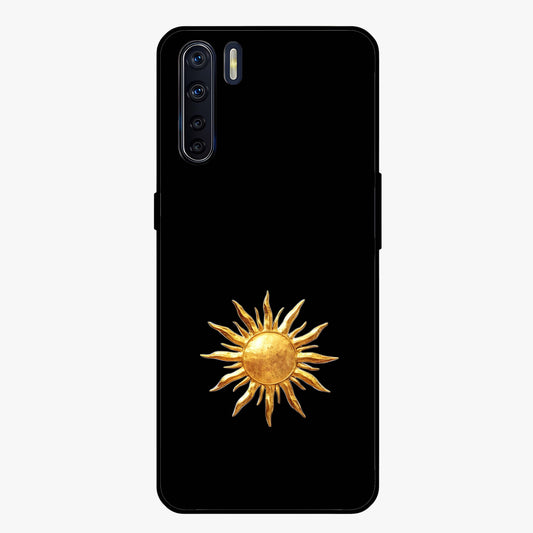 Golden Sun Minimalism Glass Case showing flat back view with minimal golden sun artwork and glossy glass finish.