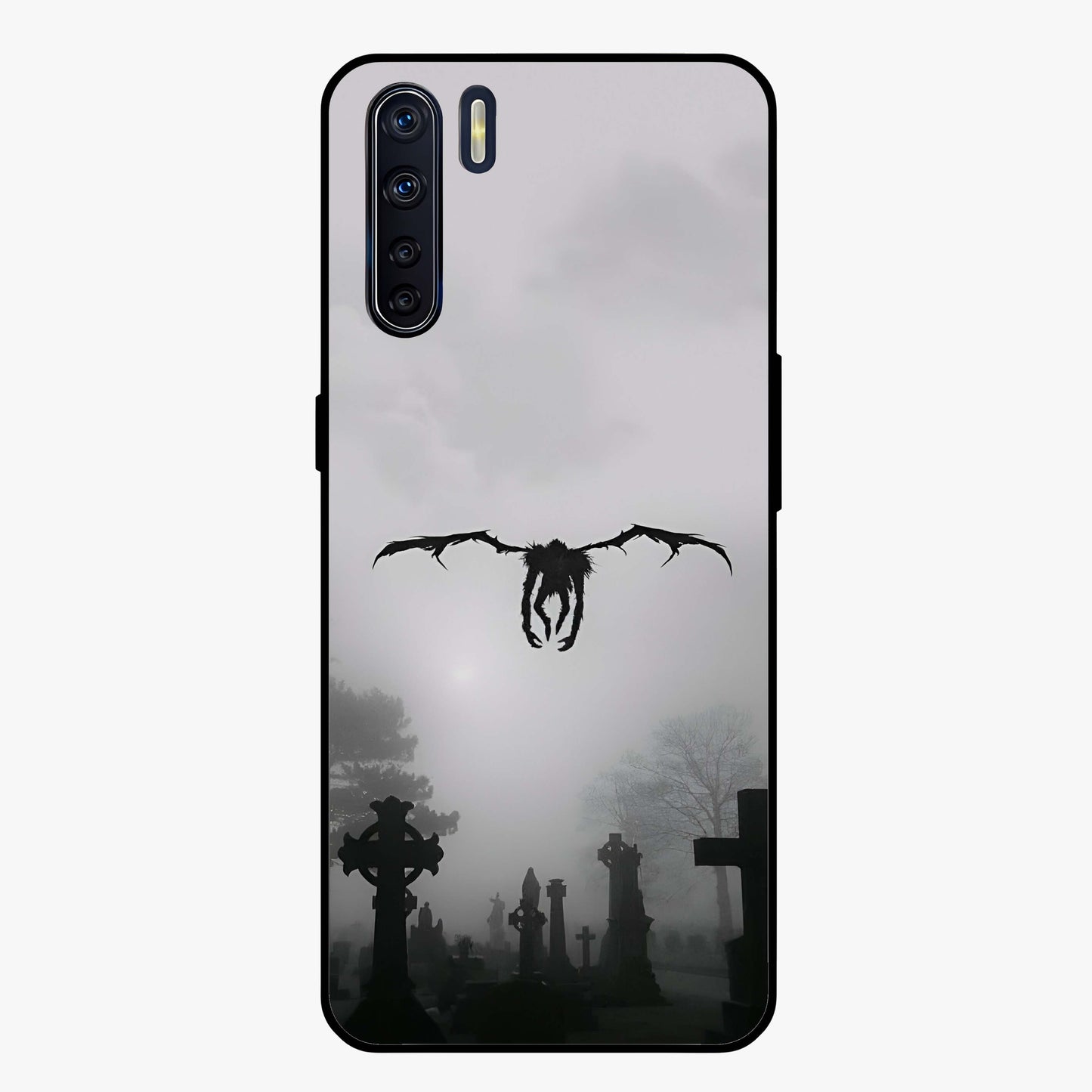 Graveyard Shadow Descent Glass Case showing flat back view with dark graveyard themed artwork and glossy glass finish.