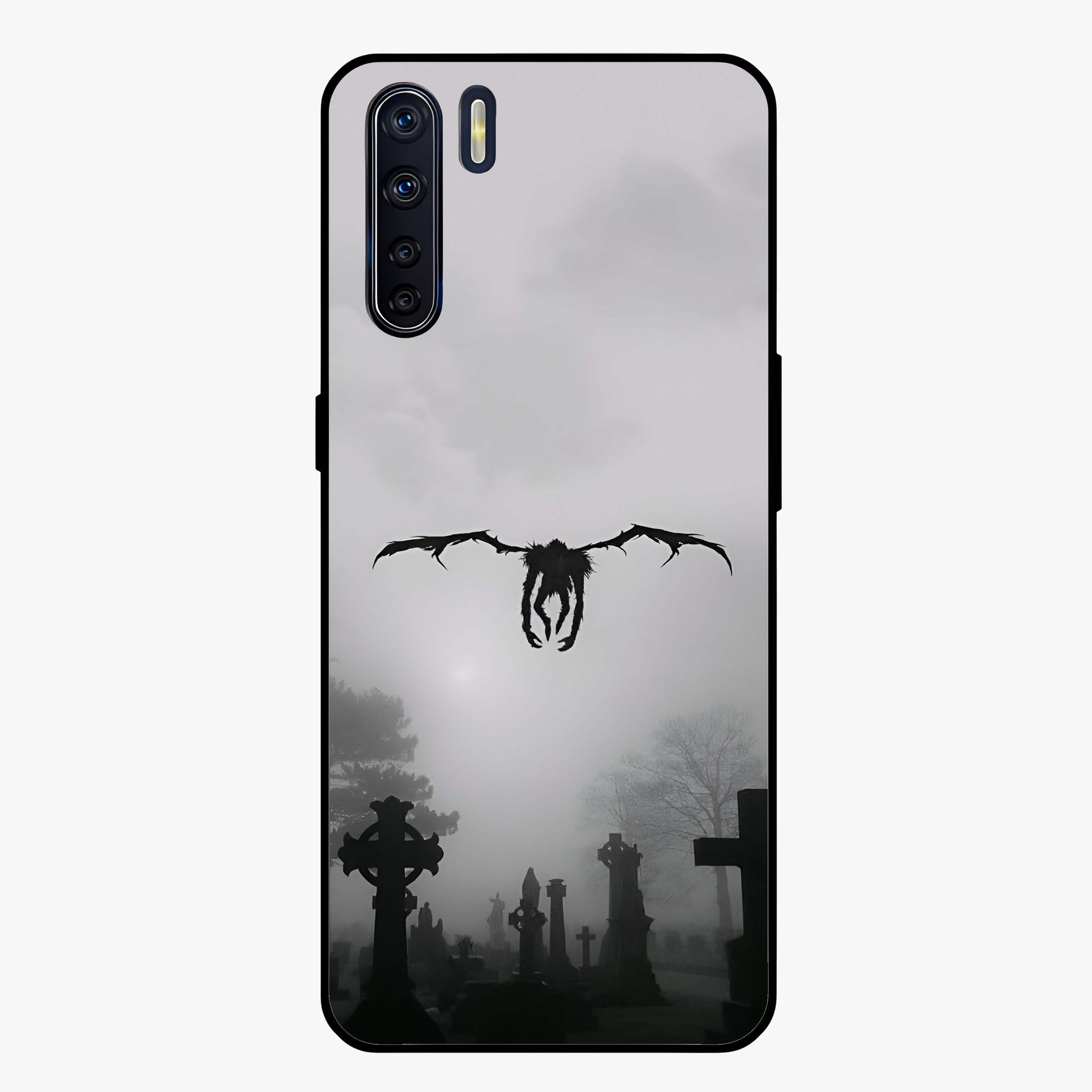Graveyard Shadow Descent Glass Case showing flat back view with dark graveyard themed artwork and glossy glass finish.