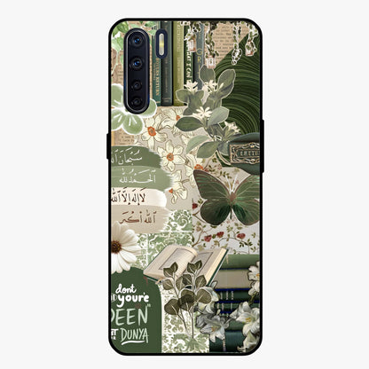 Green Islamic Books Quotes Glass Case showing flat back view with Islamic quotes and book themed artwork and glossy glass finish.