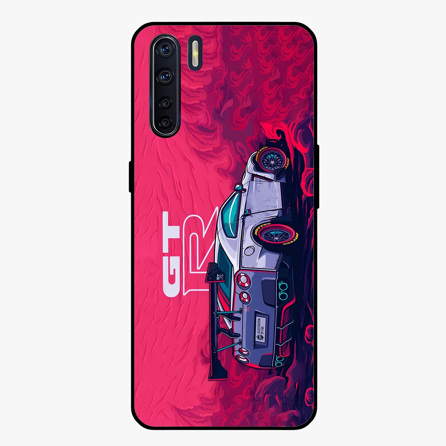 GT-R Car Pattern Glass Case showing flat back view with sporty car inspired pattern artwork and glossy glass finish.