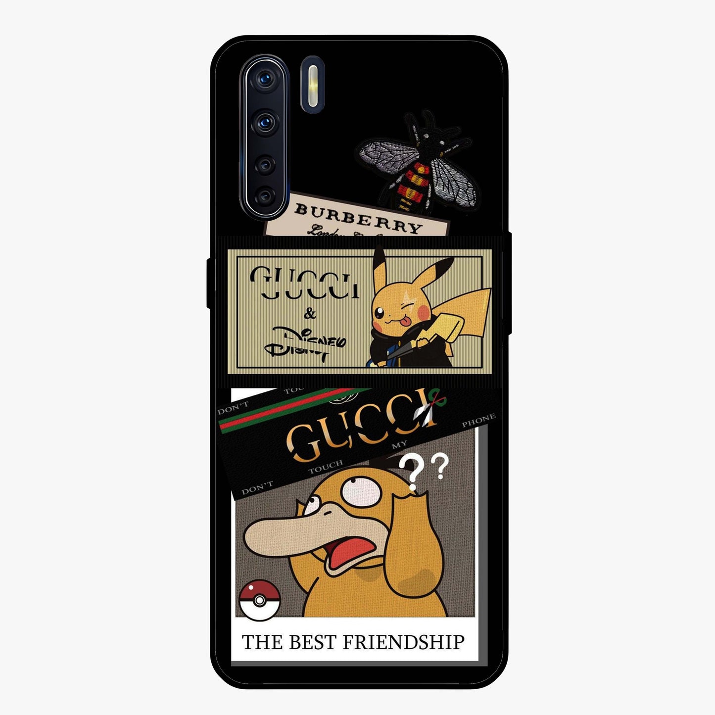 Gucci Play Mashup Glass Case showing flat back view with luxury inspired graphic artwork and glossy glass finish.