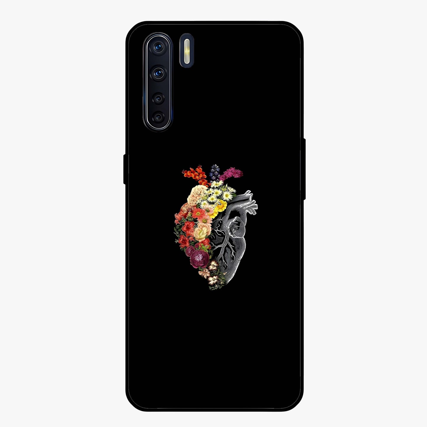 Heart With Flowers Glass Case showing flat back view with heart shaped floral artwork and glossy glass finish.
