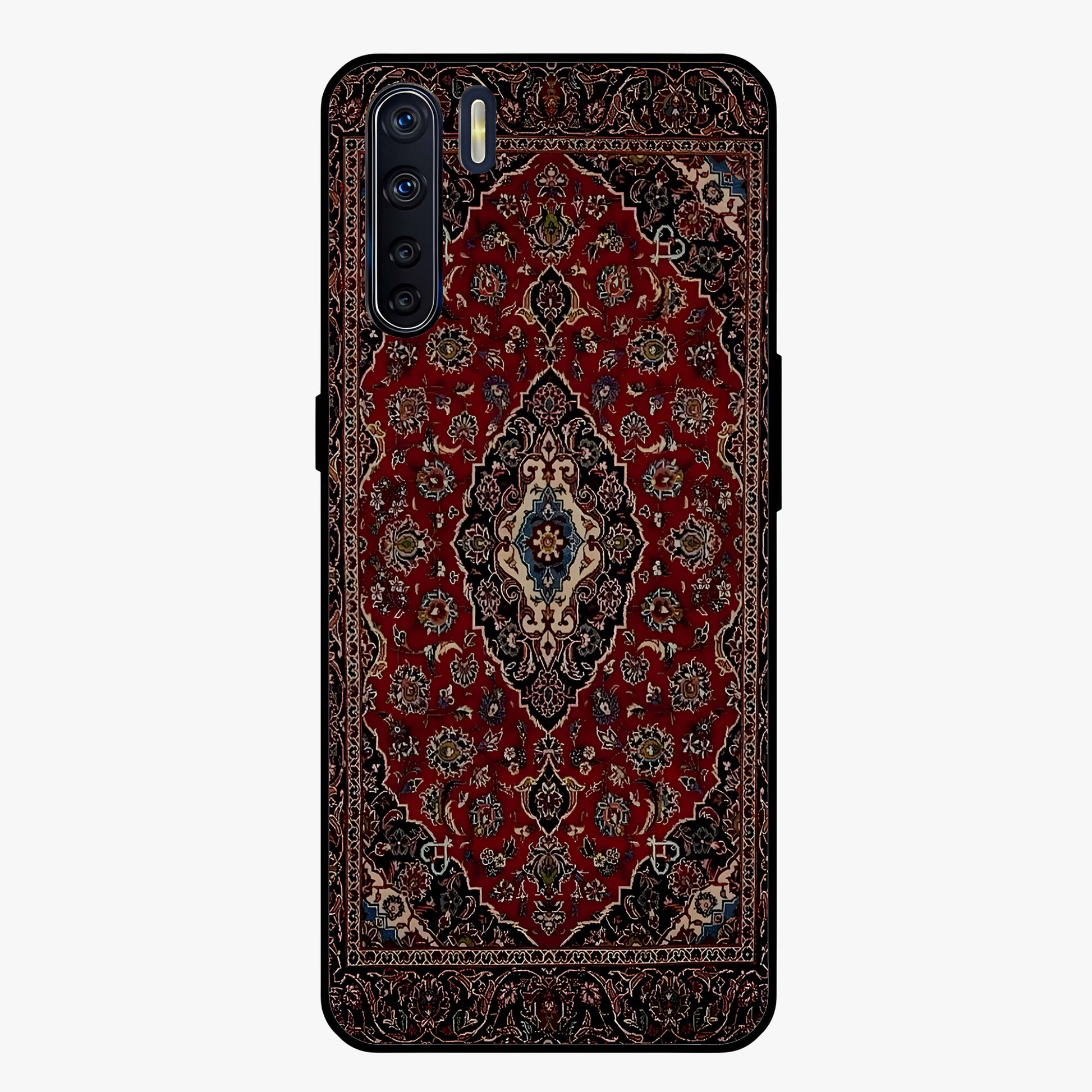 Heritage Carpet Royale Glass Case showing flat back view with ornate Persian carpet inspired pattern and glossy glass finish.