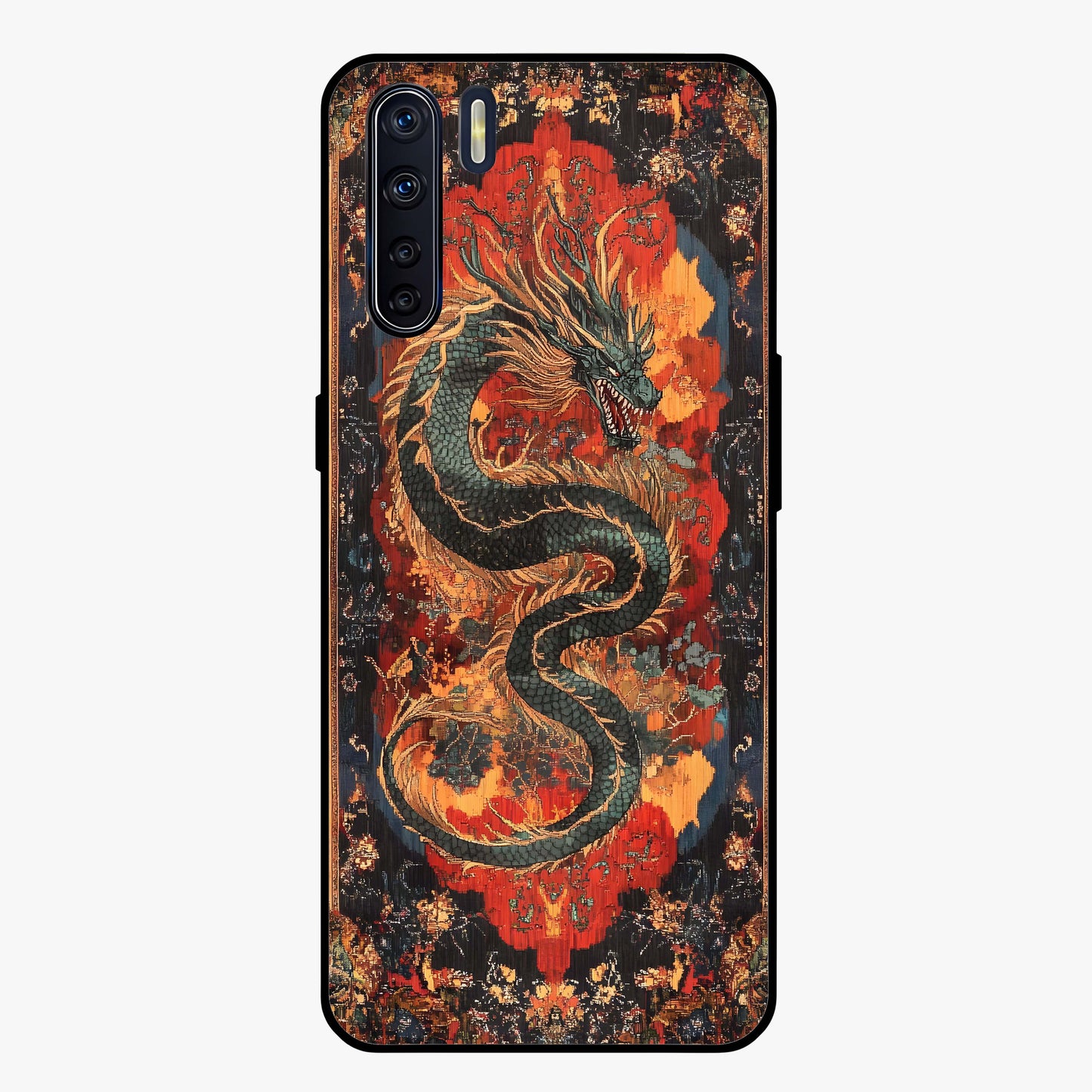 Inferno Dragon Soul Glass Case showing flat back view with fiery dragon artwork and glossy glass finish.