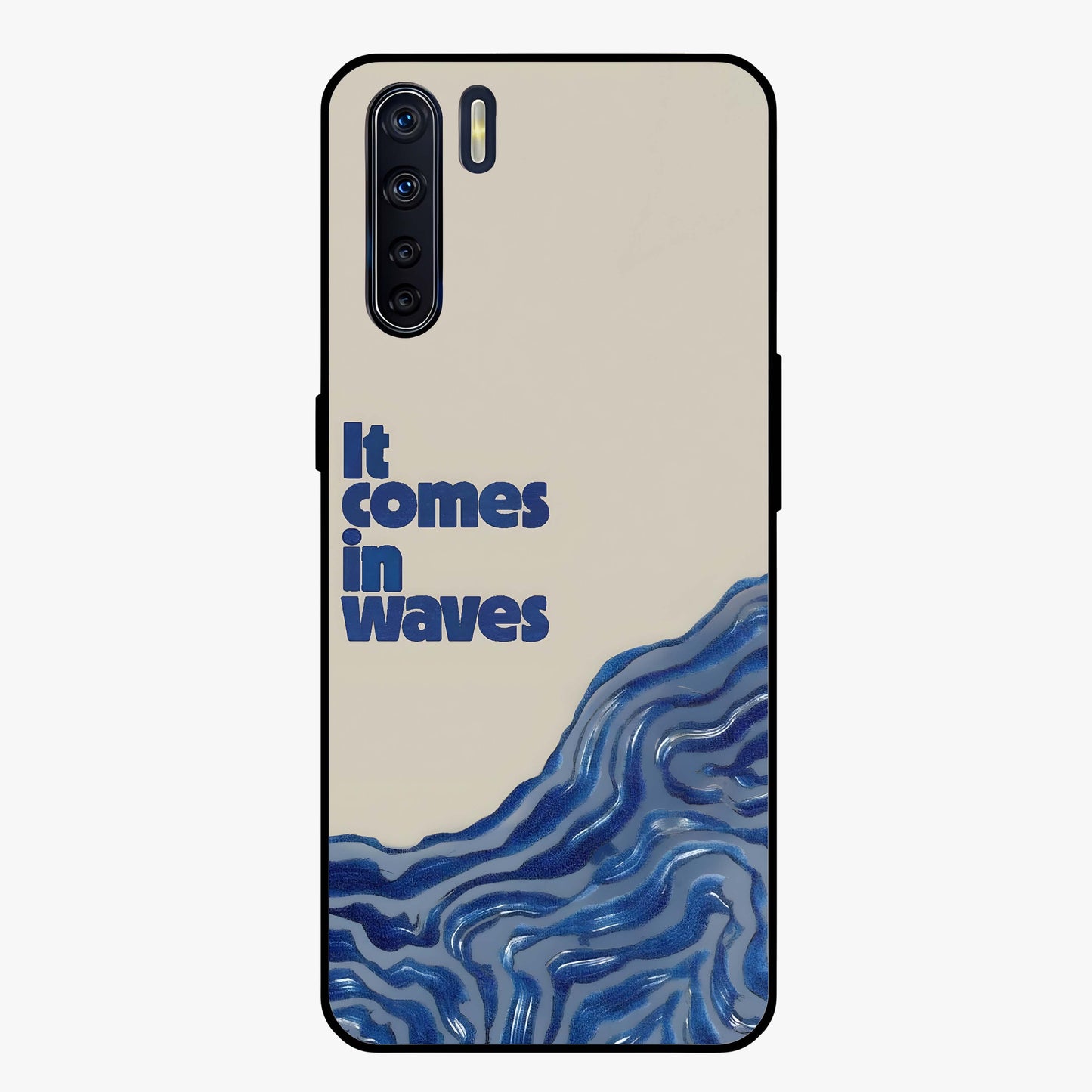 It Comes In Waves Quote Glass Case showing flat back view with inspirational wave themed quote artwork and glossy glass finish.