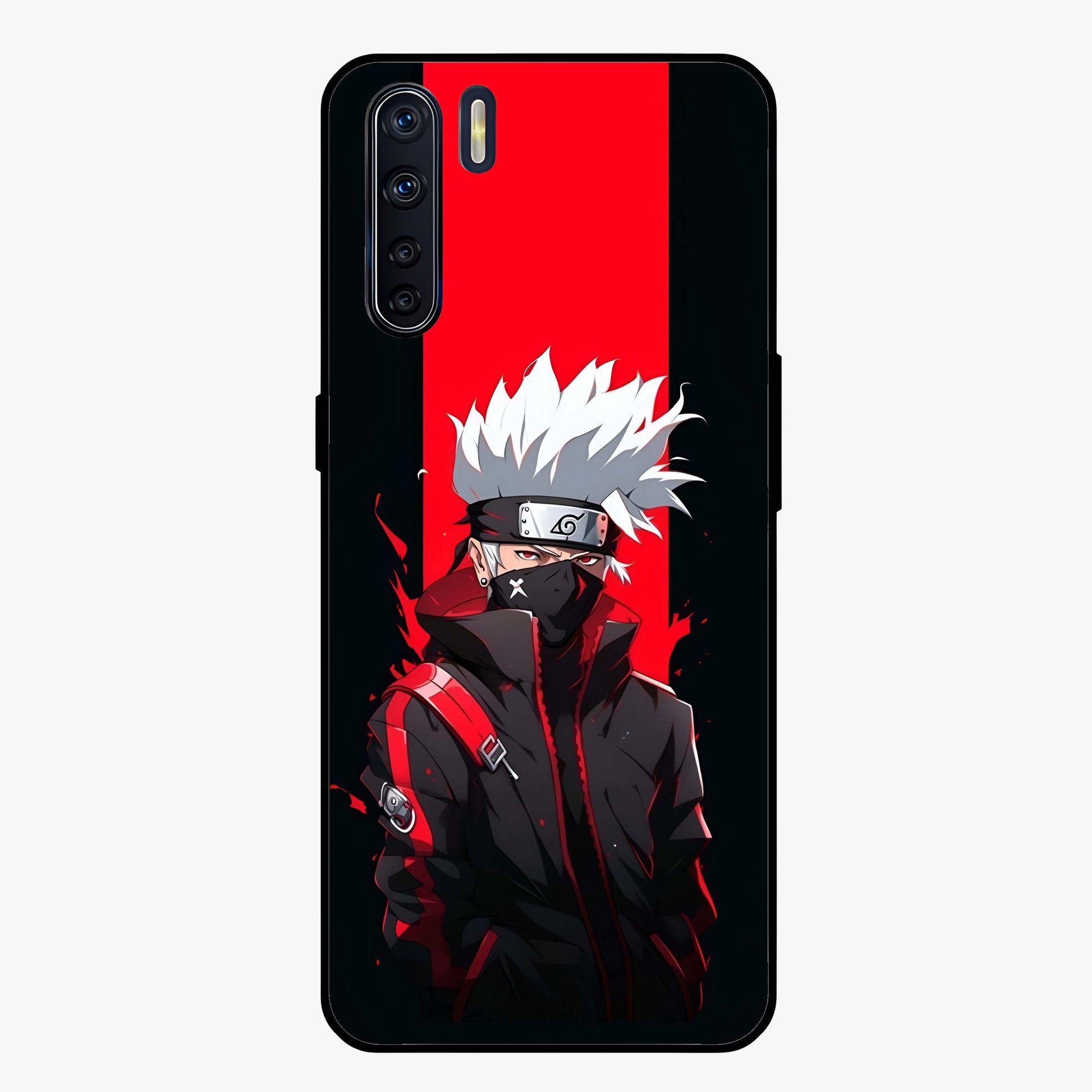 Kakashi Scarlet Shadow Glass Case showing flat back view with powerful anime ninja artwork and glossy glass finish.