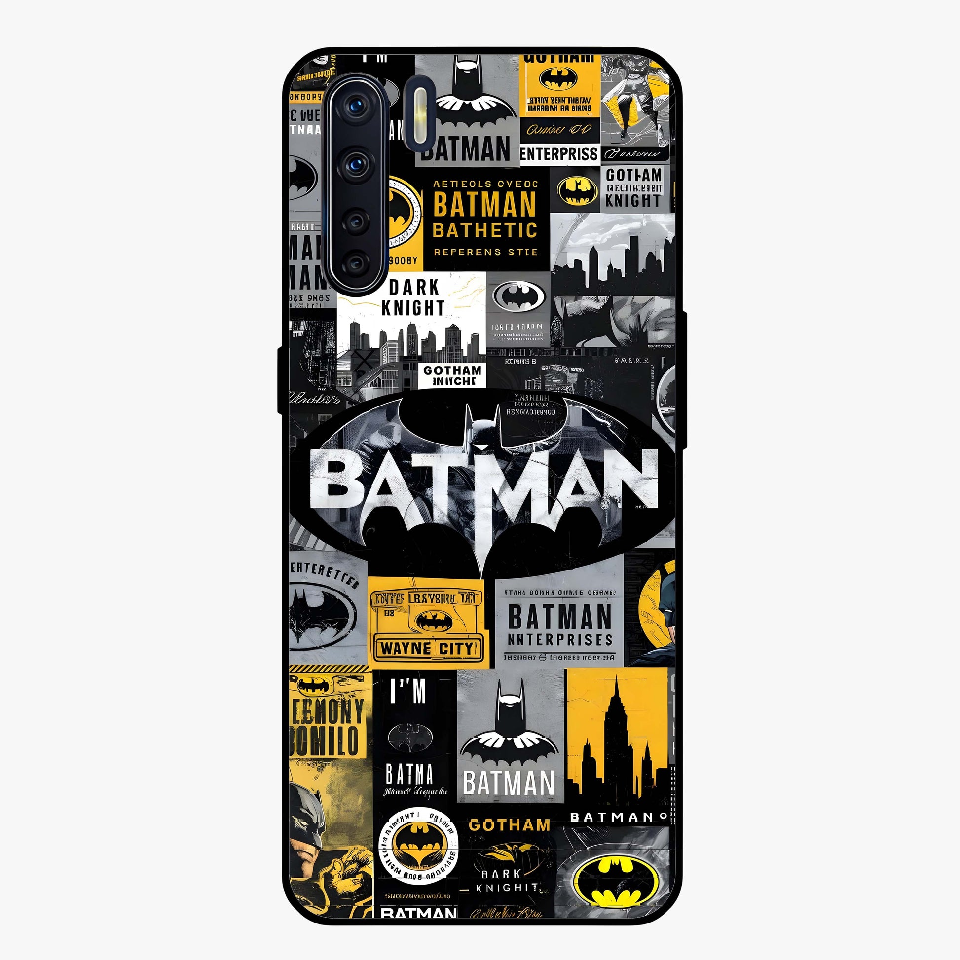 Knight Gotham Rise Glass Case showing flat back view with dark hero inspired artwork and glossy glass finish.