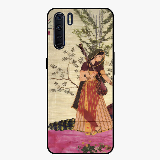 Lady With Veena Art Glass Case showing flat back view with elegant woman playing veena artwork and glossy glass finish.