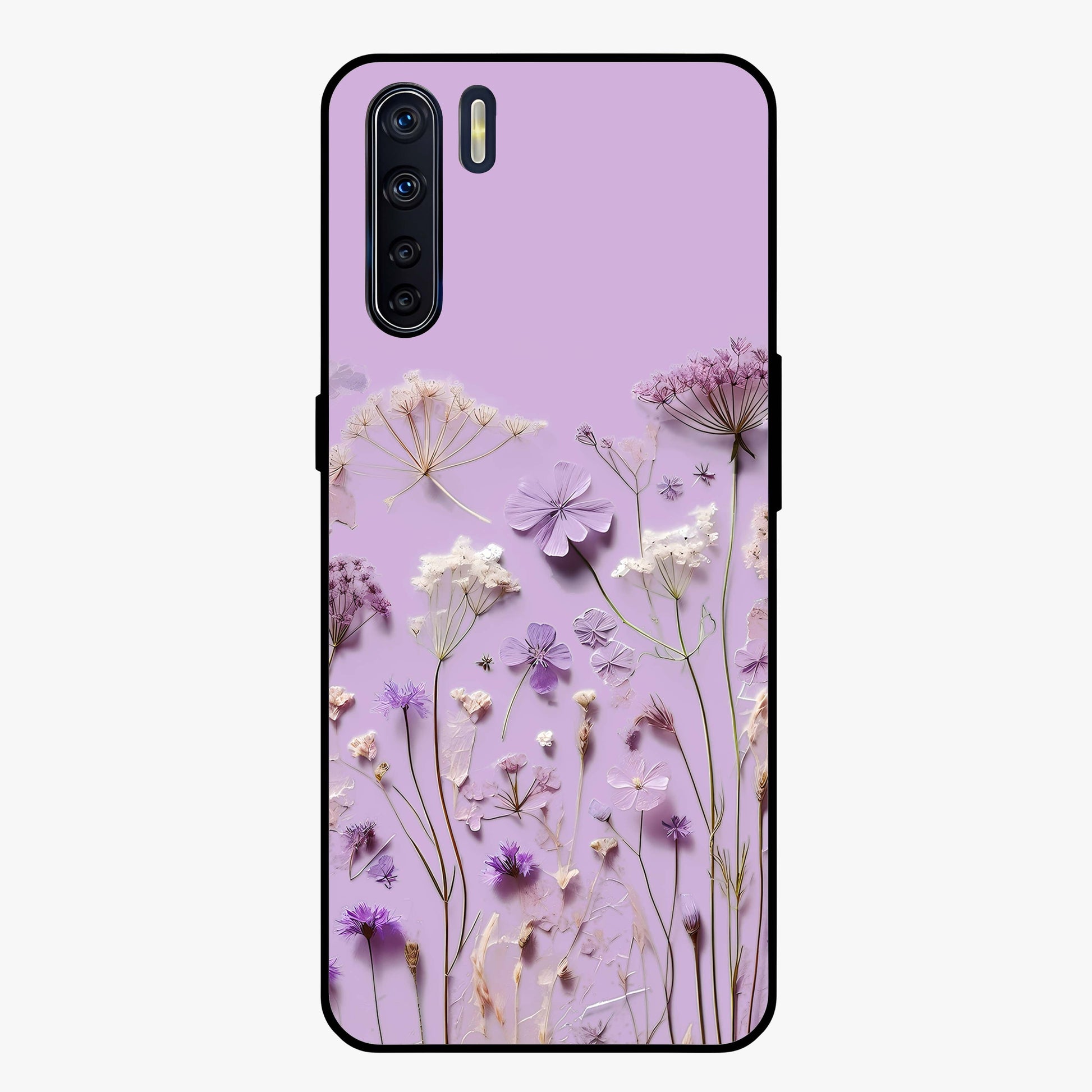 Lavender Blossom Dream Glass Case showing flat back view with soft lavender floral artwork and glossy glass finish.