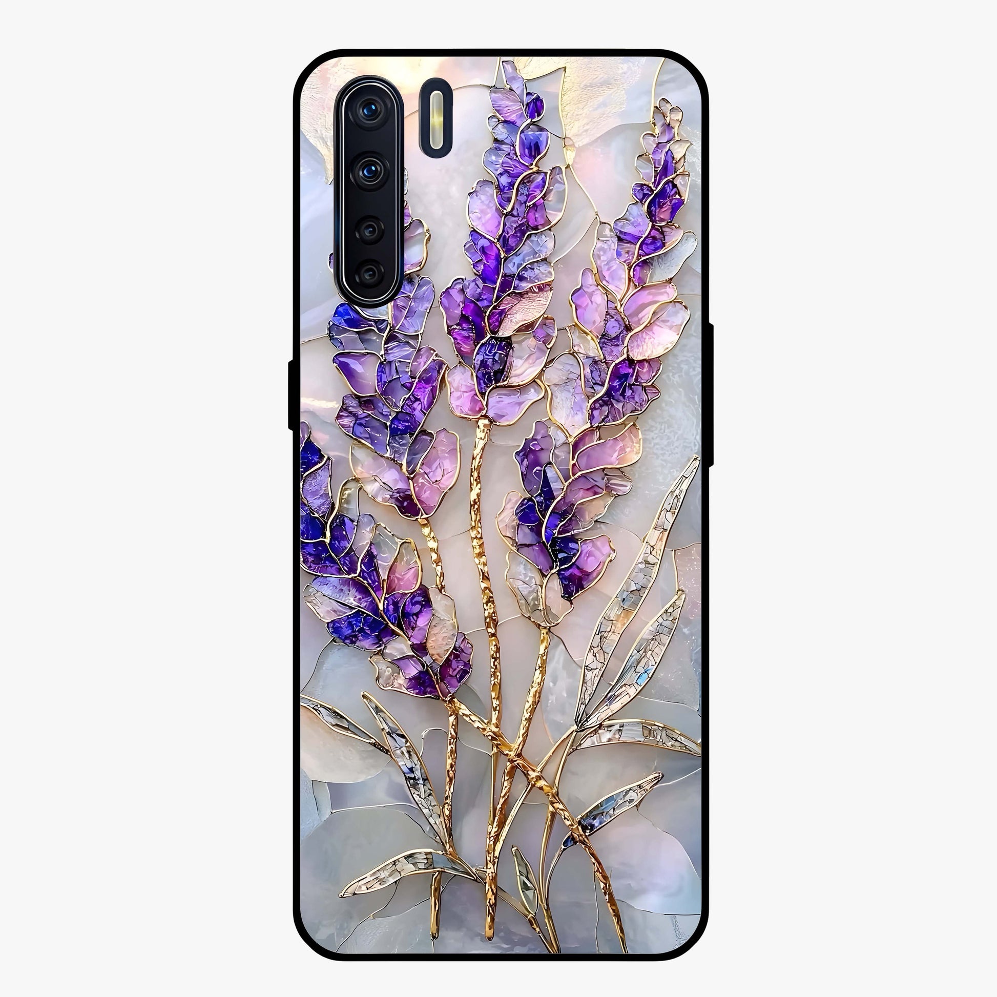 Lavender Dream Glow Glass Case showing flat back view with glowing lavender aesthetic artwork and glossy glass finish.