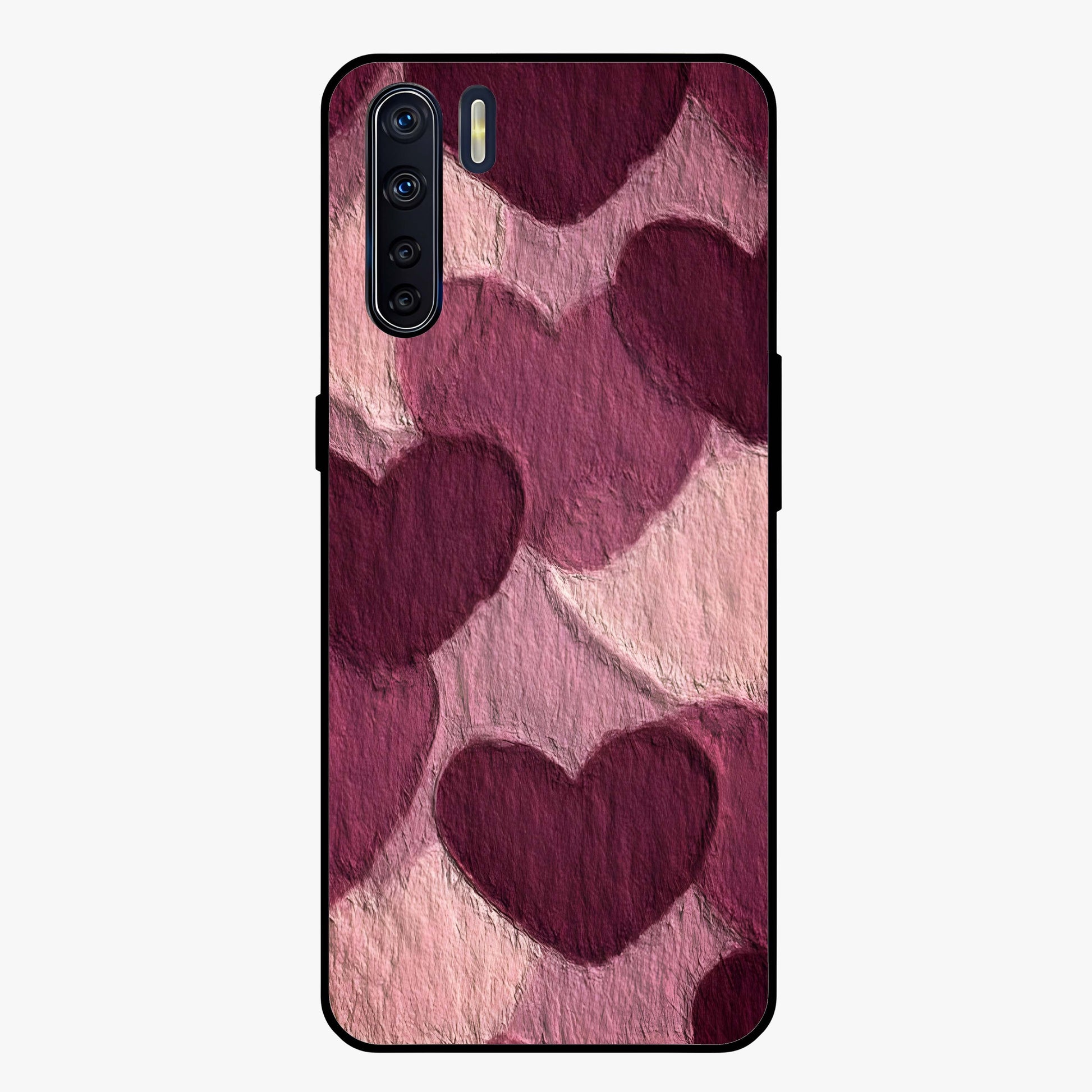 Layered Paper Hearts Glass Case showing flat back view with layered paper heart artwork and glossy glass finish.