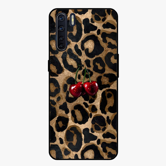 Leopard Wild Cherry Glass Case showing flat back view with leopard pattern and cherry artwork and glossy glass finish.