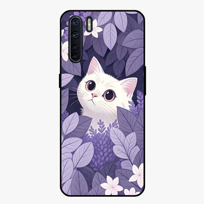Lilac Hide Peek Cat Glass Case showing flat back view with cute peeking cat artwork and glossy glass finish.