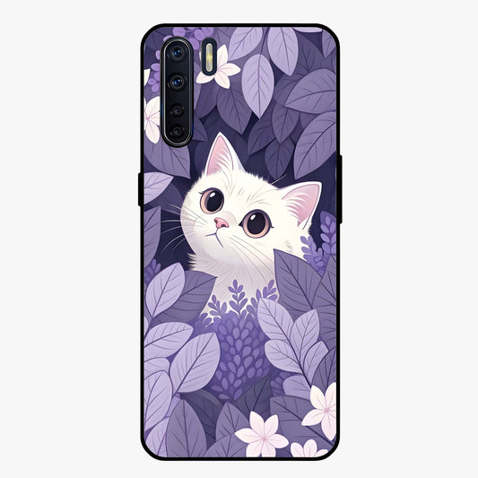 Lilac Hide Peek Cat Glass Case showing flat back view with cute peeking cat artwork and glossy glass finish.
