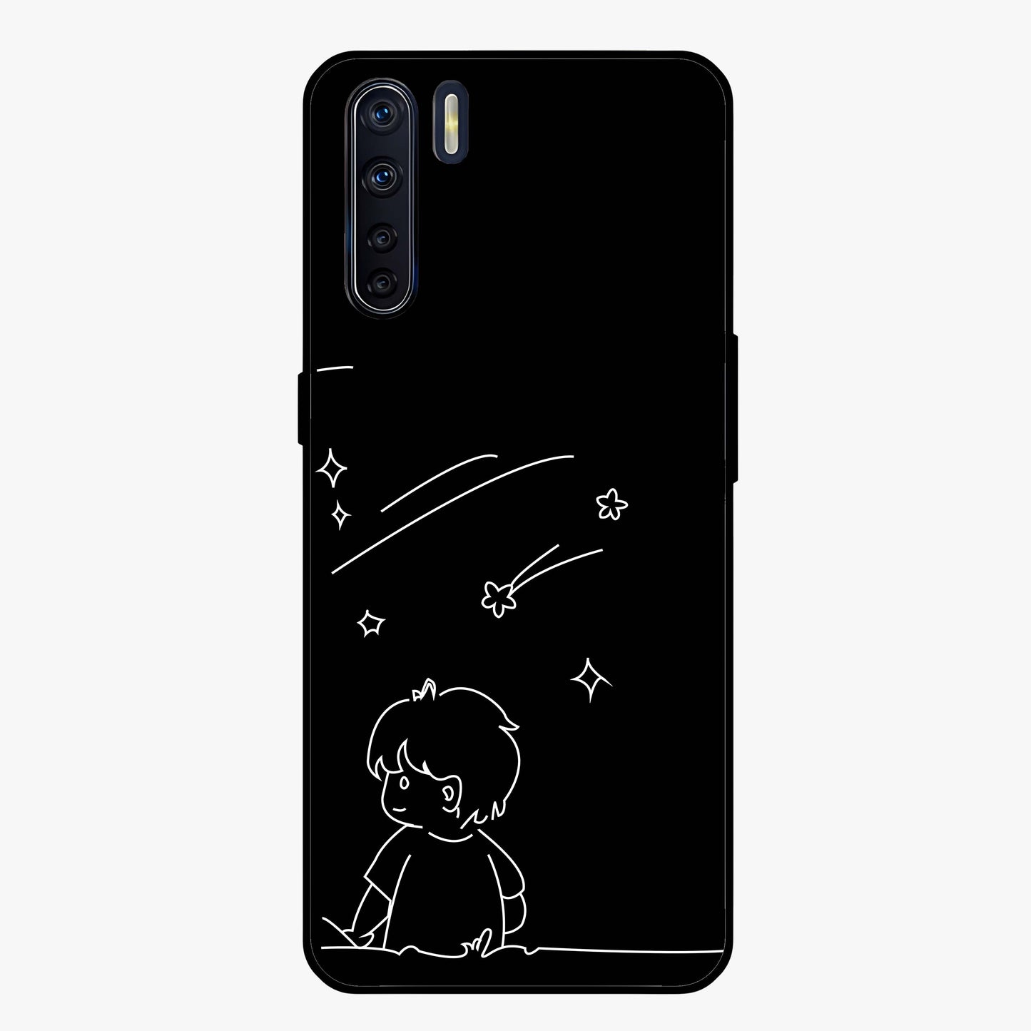 Line Art Boy With Shooting Stars Glass Case showing flat back view with minimal line art boy and shooting stars illustration and glossy glass finish.