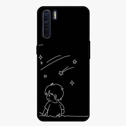 Line Art Boy With Shooting Stars Glass Case showing flat back view with minimal line art boy and shooting stars illustration and glossy glass finish.