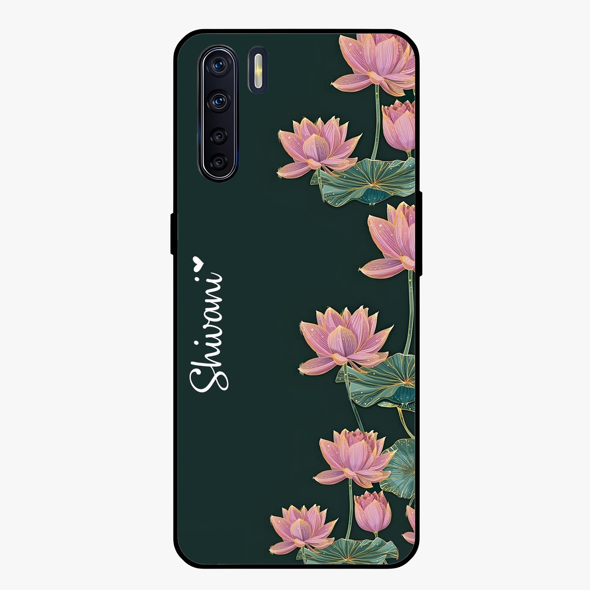 Lotus Bloom Serenity Custom Name Glass Case showing flat back view with elegant lotus flower artwork and personalized name design.